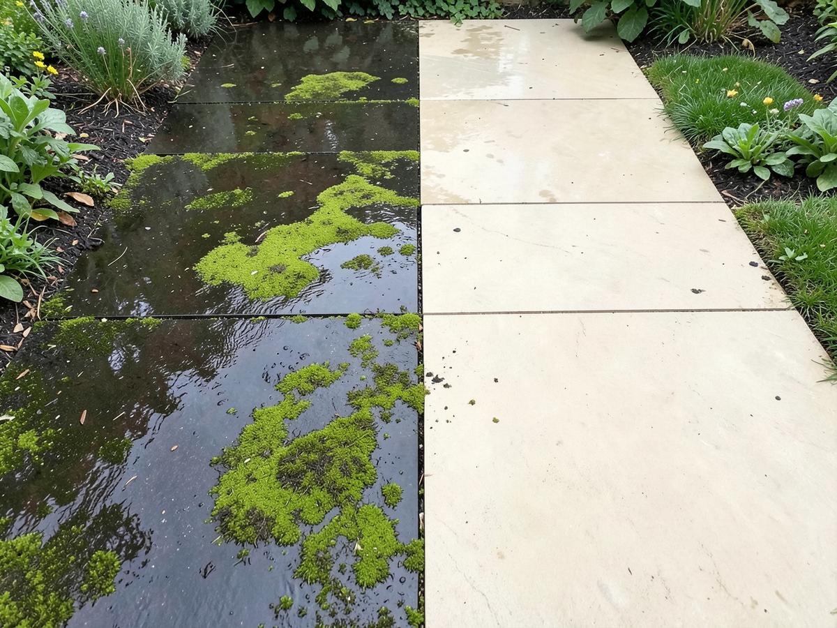 Garden patio slabs half cleaned, moss on one side and pale stone on the other